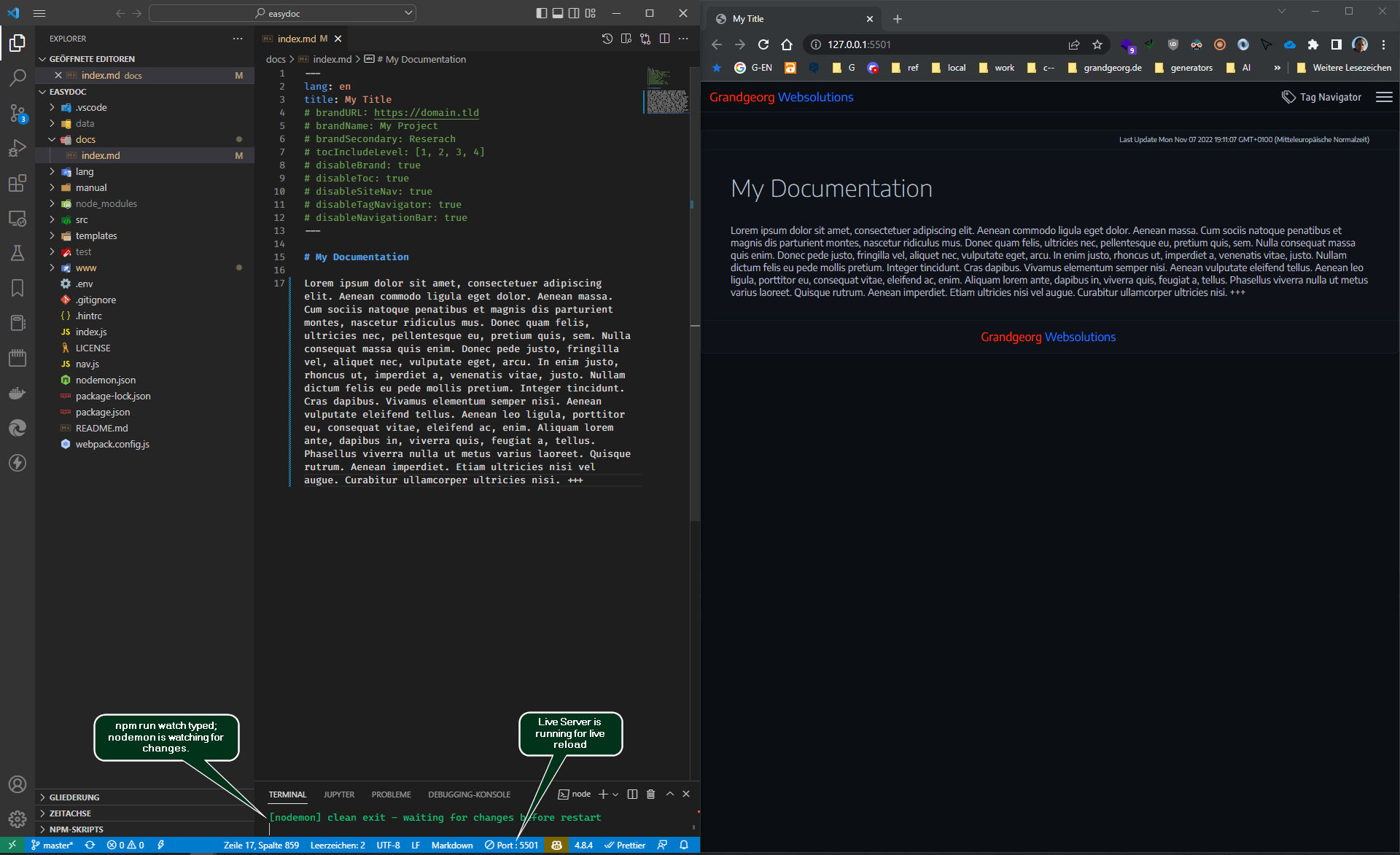 EasyDoc workspace example with Visual Studio Code and browser side by side